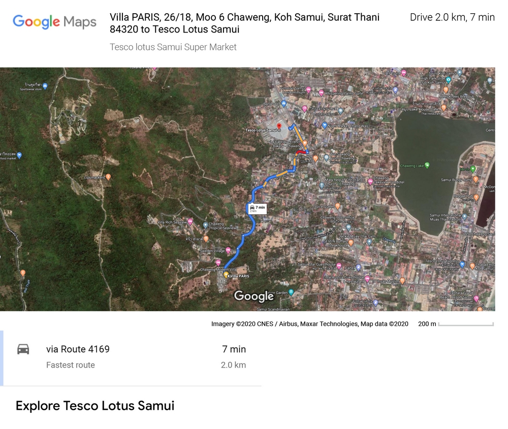 Route and distance of 2 Km between the large Tesco Lotus shopping center with its 